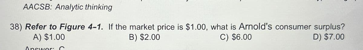 AACSB: Analytic thinking
38) Refer to Figure 4-1. If the market price is $1.00, what is Arnold's consumer surplus?
A) $1.00
Answer
B) $2.00
C) $6.00
D) $7.00