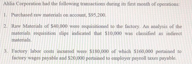 Ahlia Corporation had the following transactions during its first month of operations:
1. Purchased raw materials on account, $95,200.
2. Raw Materials of $40,000 were requisitioned to the factory. An analysis of the
materials requisition slips indicated that $10,000 was classified as indirect
materials.
3. Factory labor costs incurred were $180,000 of which $160,000 pertained to
factory wages payable and $20,000 pertained to employer payroll taxes payable.
