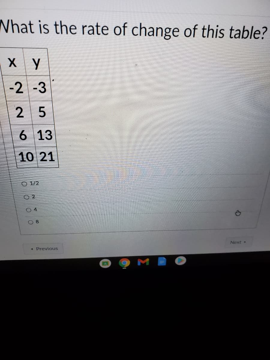 What is the rate of change of this table?
X Y
-2 -3
2 5
6 13
10 21
O 1/2
O 2
O 8
Next »
• Previous
