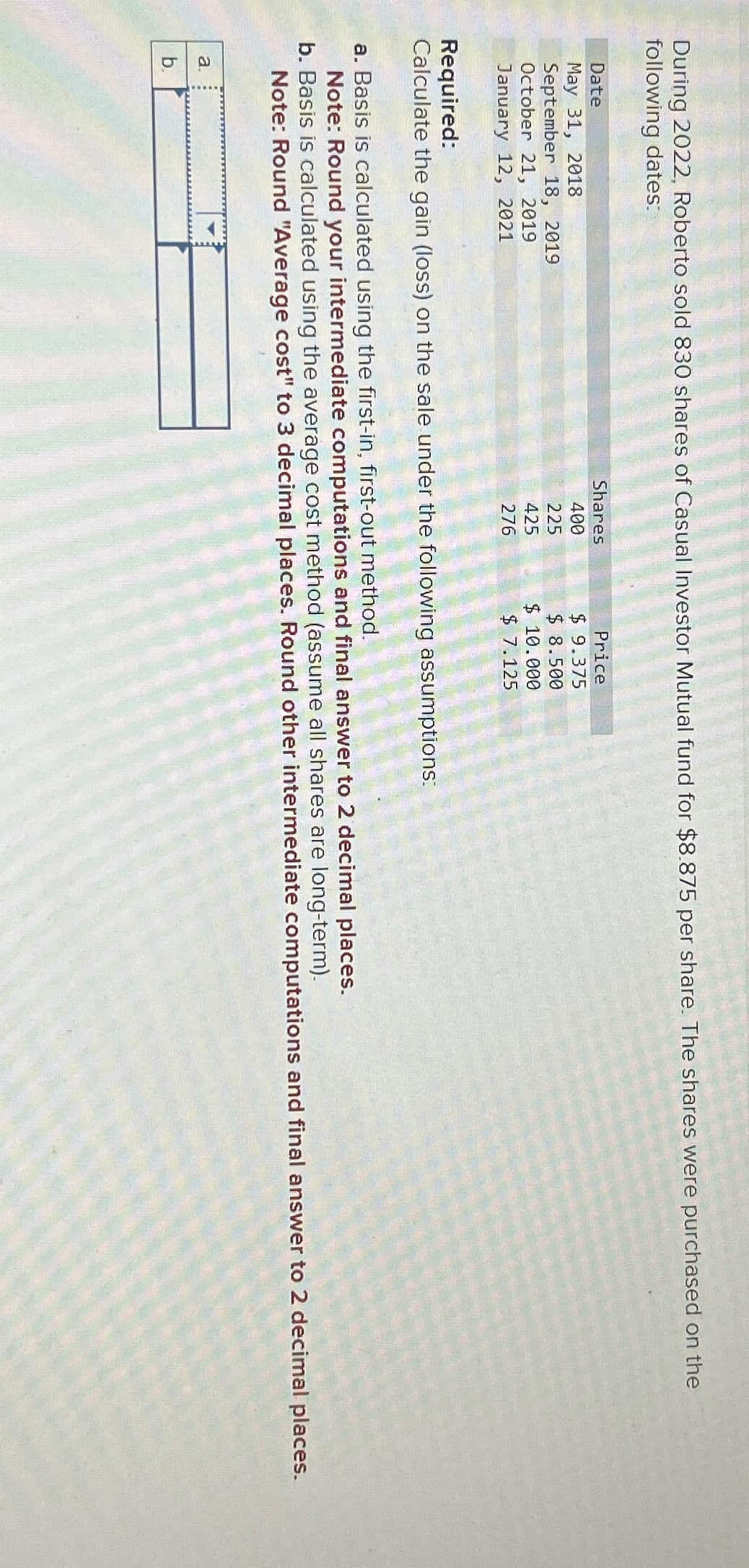 During 2022, Roberto sold 830 shares of Casual Investor Mutual fund for $8.875 per share. The shares were purchased on the
following dates:
Date
May 31, 2018
September 18, 2019
October 21, 2019
Shares
400
Price
$ 9.375
225
$ 8.500
425
$ 10.000
276
$ 7.125
January 12, 2021
Required:
Calculate the gain (loss) on the sale under the following assumptions:
a. Basis is calculated using the first-in, first-out method.
Note: Round your intermediate computations and final answer to 2 decimal places.
b. Basis is calculated using the average cost method (assume all shares are long-term).
Note: Round "Average cost" to 3 decimal places. Round other intermediate computations and final answer to 2 decimal places.
a
b.