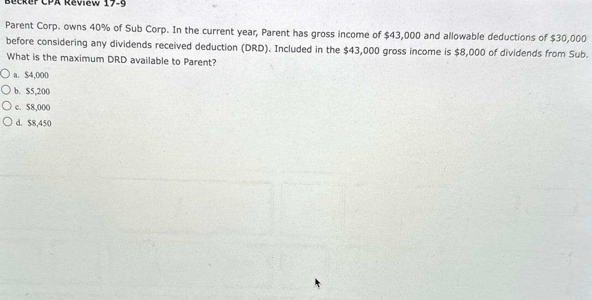 Review 17-9
Parent Corp. owns 40% of Sub Corp. In the current year, Parent has gross income of $43,000 and allowable deductions of $30,000
before considering any dividends received deduction (DRD). Included in the $43,000 gross income is $8,000 of dividends from Sub.
What is the maximum DRD available to Parent?
a. $4,000
b. $5,200
c. $8,000
d. $8,450