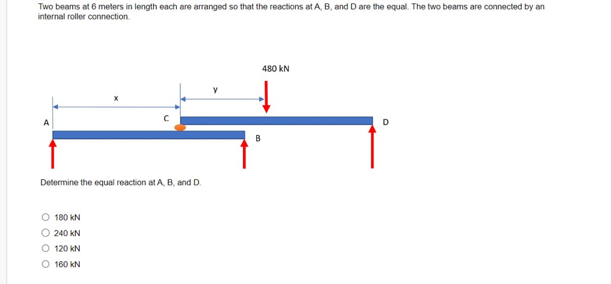 Two beams at 6 meters in length each are arranged so that the reactions at A, B, and D are the equal. The two beams are connected by an
internal roller connection.
A
Determine the equal reaction at A, B, and D.
O 180 KN
O 240 KN
O 120 KN
O 160 KN
B
480 KN