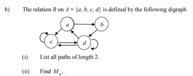 b)
The relation R on A = {a, b, c, d} is defined by the following digraph.
b
(i)
List all paths of length 2.
(ii)
Find M
