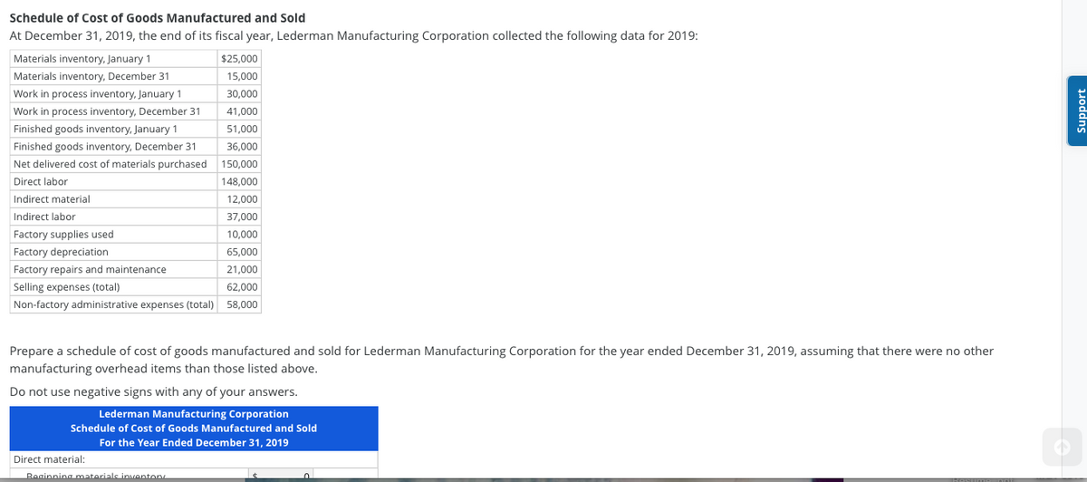 Schedule of Cost of Goods Manufactured and Sold
At December 31, 2019, the end of its fiscal year, Lederman Manufacturing Corporation collected the following data for 2019:
Materials inventory, January 1
Materials inventory, December 31
Work in process inventory, January 1
Work in process inventory, December 31
Finished goods inventory, January 1
Finished goods inventory, December 31
Net delivered cost of materials purchased
Direct labor
Indirect material
$25,000
15,000
30,000
41,000
51,000
36,000
150,000
148,000
Indirect labor
Factory supplies used
Factory depreciation
Factory repairs and maintenance
Selling expenses (total)
Non-factory administrative expenses (total) 58,000
Direct material:
12,000
37,000
10,000
65,000
Beginning materials inventory
Prepare a schedule of cost of goods manufactured and sold for Lederman Manufacturing Corporation for the year ended December 31, 2019, assuming that there were no other
manufacturing overhead items than those listed above.
21,000
62,000
Do not use negative signs with any of your answers.
Lederman Manufacturing Corporation
Schedule of Cost of Goods Manufactured and Sold
For the Year Ended December 31, 2019
Resum
Support