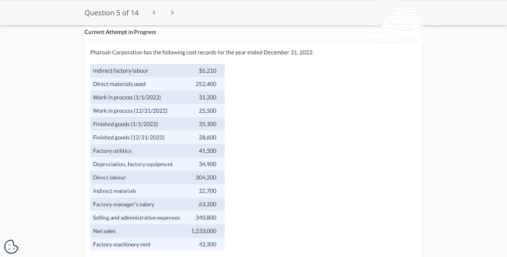 Question 5 of 14
Current Attempt in Progress
Pharoah Corporation has the following cost records for the year ended December 31, 2022:
Indirect factory labour
Direct materials used
<
Work in process (1/1/2022)
Work in process (12/31/2022)
Finished goods (1/1/2022)
Finished goods (12/31/2022)
Factory utilities
Depreciation, factory equipment
Direct labour
Indirect materials
Factory manager's salary
Selling and administrative expenses
Net sales
Factory machinery rent
$5,210
252,400
31,200
25,500
35,300
28,600
41,500
34,900
304,200
22,700
63,200
340,800
1,233,000
42,300