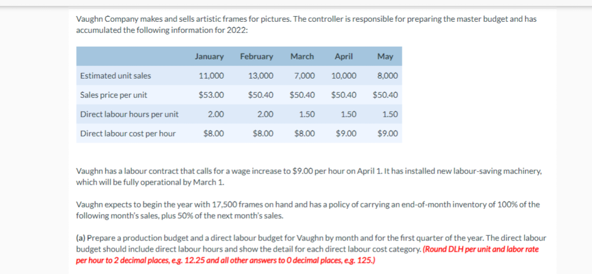Vaughn Company makes and sells artistic frames for pictures. The controller is responsible for preparing the master budget and has
accumulated the following information for 2022:
Estimated unit sales
Sales price per unit
Direct labour hours per unit
Direct labour cost per hour
January
11,000
$53.00
2.00
$8.00
February March April
13,000
7,000
10,000
$50.40
$50.40
$50.40
2.00
$8.00
1.50
$8.00
1.50
$9.00
May
8,000
$50.40
1.50
$9.00
Vaughn has a labour contract that calls for a wage increase to $9.00 per hour on April 1. It has installed new labour-saving machinery,
which will be fully operational by March 1.
Vaughn expects to begin the year with 17,500 frames on hand and has a policy of carrying an end-of-month inventory of 100% of the
following month's sales, plus 50% of the next month's sales.
(a) Prepare a production budget and a direct labour budget for Vaughn by month and for the first quarter of the year. The direct labour
budget should include direct labour hours and show the detail for each direct labour cost category. (Round DLH per unit and labor rate
per hour to 2 decimal places, e.g. 12.25 and all other answers to O decimal places, e.g. 125.)