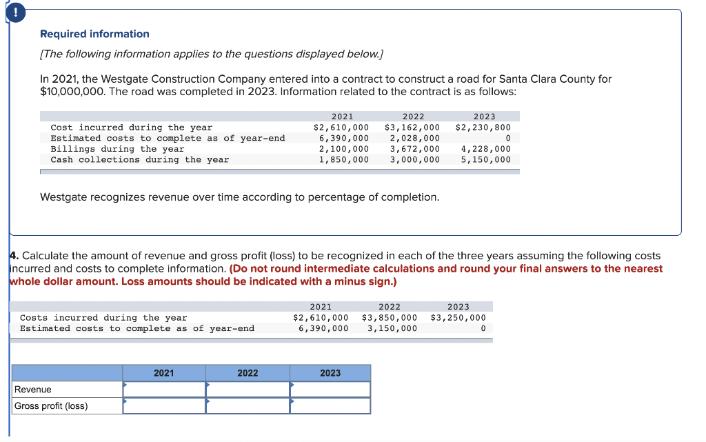 !
Required information
[The following information applies to the questions displayed below.]
In 2021, the Westgate Construction Company entered into a contract to construct a road for Santa Clara County for
$10,000,000. The road was completed in 2023. Information related to the contract is as follows:
Cost incurred during the year
Estimated costs to complete as of year-end
Billings during the year
Cash collections during the year
Costs incurred during the year
Estimated costs to complete as of year-end
Westgate recognizes revenue over time according to percentage of completion.
Revenue
Gross profit (loss)
2021
$2,610,000
6,390,000
2,100,000
1,850,000
2021
2022
2022
$3,162,000
2,028,000
3,672,000
3,000,000
4. Calculate the amount of revenue and gross profit (loss) to be recognized in each of the three years assuming the following costs
incurred and costs to complete information. (Do not round intermediate calculations and round your final answers to the nearest
whole dollar amount. Loss amounts should be indicated with a minus sign.)
2023
2021
2022
$2,610,000 $3,850,000
6,390,000 3,150,000
2023
$2,230,800
0
4,228,000
5,150,000
2023
$3,250,000