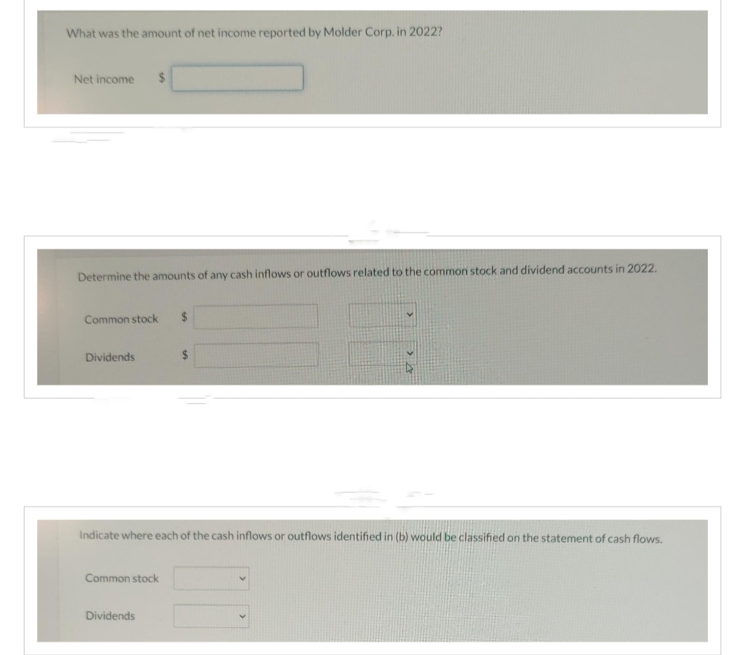 What was the amount of net income reported by Molder Corp. in 2022?
Net income $
Determine the amounts of any cash inflows or outflows related to the common stock and dividend accounts in 2022.
Common stock
Dividends
Indicate where each of the cash inflows or outflows identified in (b) would be classified on the statement of cash flows.
Common stock
$
Dividends