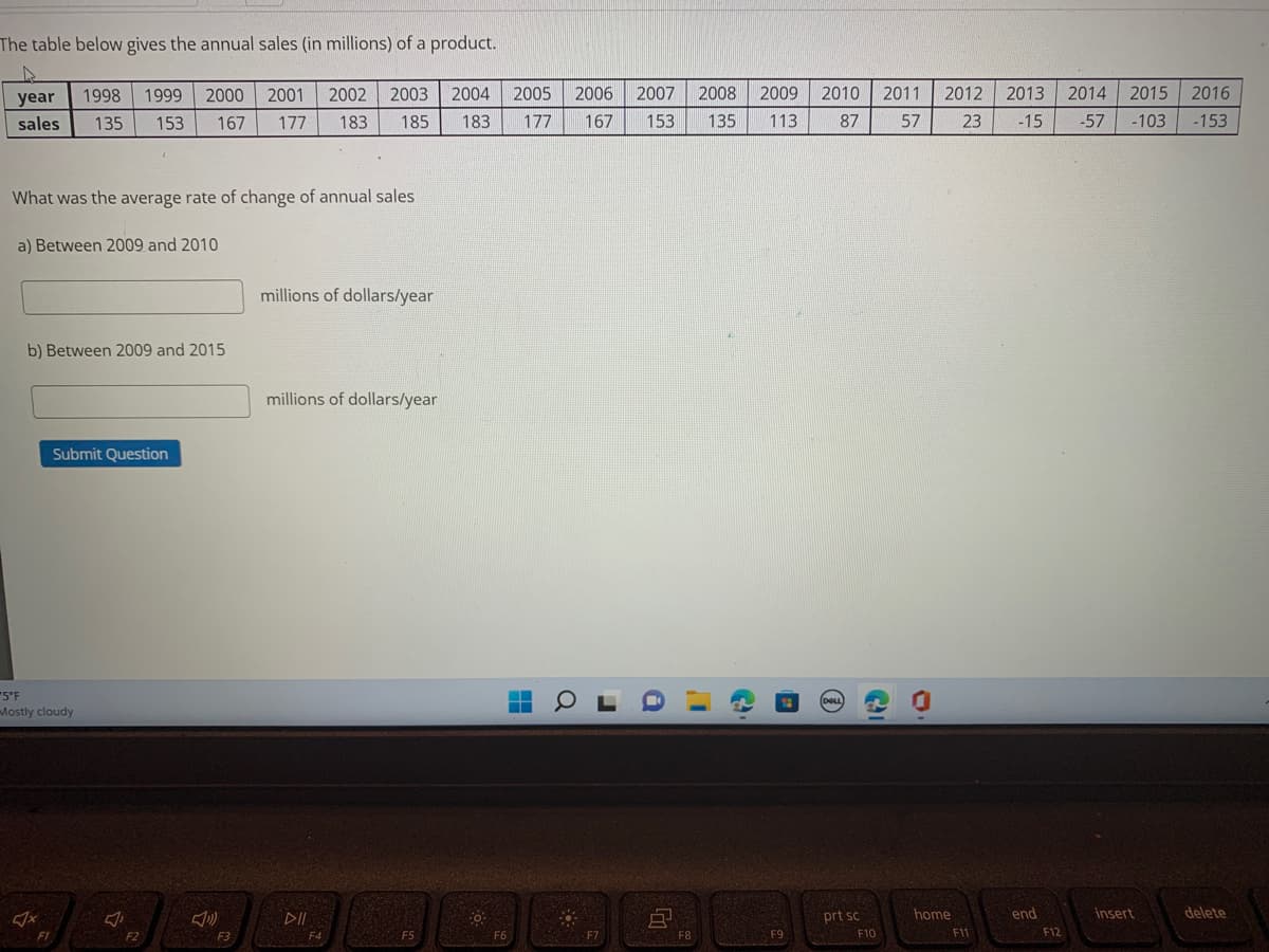 The table below gives the annual sales (in millions) of a product.
A
1998 1999 2000
2000 2001 2002 2003 2004
year
sales 135 153 167 177 183 185 183
What was the average rate of change of annual sales
a) Between 2009 and 2010
b) Between 2009 and 2015
-5°F
Mostly cloudy
Jx
Submit Question
F1
F2
F3
millions of dollars/year
millions of dollars/year
F4
F5
F6
2005
2006
2007
177 167 153
H
a
F7
i
8
2008
I'
F8
2009
135 113
F9
2010
87
(DELL)
prt sc
2011
57
Cal
O
F10
2012
2013 2014 2015 2016
23 -15 -57 -103 -153
home
F11
end
F12
insert
delete