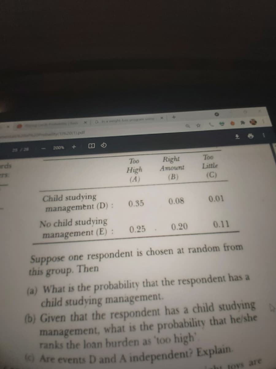 PobabyB
G Ina welght loss program using
Orobaility(1620(1) pdf
25 /20
200%
rds
rs
Too
Right
Too
High
(A)
Amount
Little
(В)
(C)
Child studying
managemènt (D) :
0.35
0.08
0.01
No child studying
management (E) :
0.25
0.20
0.11
Suppose one respondent is chosen at random from
this group. Then
(a) What is the probability that the respondent has a
child studying management.
(b) Given that the respondent has a child studying
management, what is the probability that he/she
ranks the loan burden as 'too high".
Are events D and A independent? Explain.
Joys are
