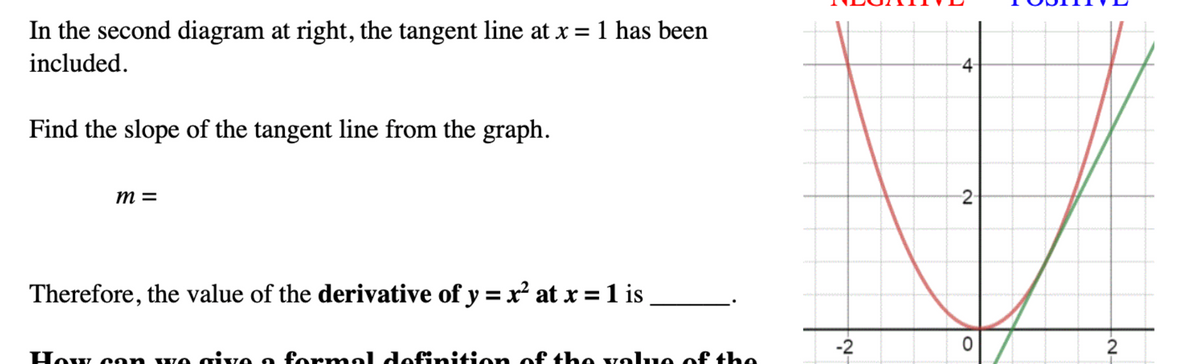 In the second diagram at right, the tangent line at x = 1 has been
included.
Find the slope of the tangent line from the graph.
m =
Therefore, the value of the derivative of y = x² at x = 1 is
How can we give a formal definition of the value of the
-2
-4-
2-
0
-N-