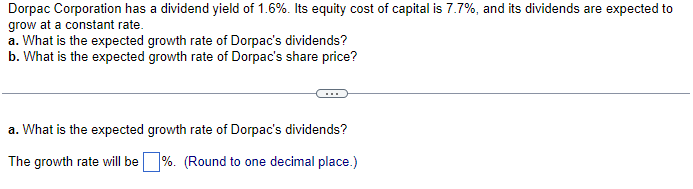 Dorpac Corporation has a dividend yield of 1.6%. Its equity cost of capital is 7.7%, and its dividends are expected to
grow at a constant rate.
a. What is the expected growth rate of Dorpac's dividends?
b. What is the expected growth rate of Dorpac's share price?
a. What is the expected growth rate of Dorpac's dividends?
The growth rate will be%. (Round to one decimal place.)