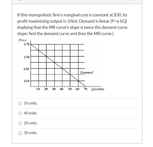 If this monopolistic firm's marginal cost is constant at $30, its
profit maximizing output is: (Hint: Demand is linear (P-a-bQ)
implying that the MR curve's slope is twice the demand curve
slope; find the demand curve and then the MR curve.)
Price
$70
$50
$30
$10
10 20 30 40
50 units.
40 units.
20 units.
30 units.
Demand
50 60 70 Quantity