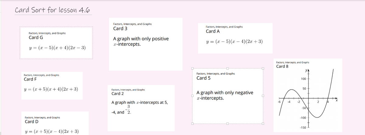 ### Card Sort for Lesson 4.6

#### Factors, Intercepts, and Graphs

- **Card G:** 
  \[
  y = (x - 5)(x + 4)(2x - 3)
  \]

- **Card 3:** 
  **A graph with only positive x-intercepts.**

- **Card A:**
  \[
  y = (x - 5)(x - 4)(2x + 3)
  \]

- **Card F:**
  \[
  y = (x + 5)(x + 4)(2x + 3)
  \]

- **Card 2:** 
  **A graph with x-intercepts at 5, -4, and \(\frac{3}{2}\).**

- **Card 5:** 
  **A graph with only negative x-intercepts.**

- **Card D:**
  \[
  y = (x + 5)(x - 4)(2x + 3)
  \]

- **Card 8:** 
  - **Graph Description:** 
    The graph is of a polynomial function passing through the x-axis. Below is the detailed description of the graph:
    - The graph has an x-intercept at approximately -5, -4, and 3/2.
    - The y-axis is labeled from -150 to 150.
    - The x-axis is labeled from -6 to 6.
    - The curve appears to first intersect the x-axis around -5, then dip below, intersect again around -3, and finally rise and intersect the x-axis again around 3/2 before continuing upward.

This learning activity involving card sorting helps students understand and analyze the factors, intercepts, and graphical representation of polynomial functions.