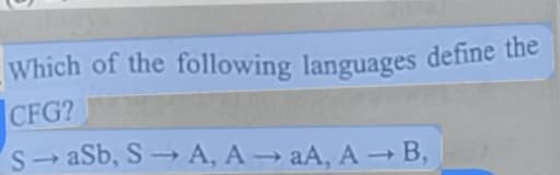 Which of the following languages define the
CFG?
S aSb, S A, A → aA, A →B,
