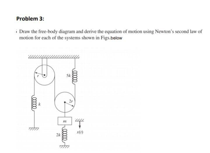 Problem 3:
i Draw the free-body diagram and derive the equation of motion using Newton's second law of
motion for each of the systems shown in Figs.below
5k
2r
m
x(1)
2k
