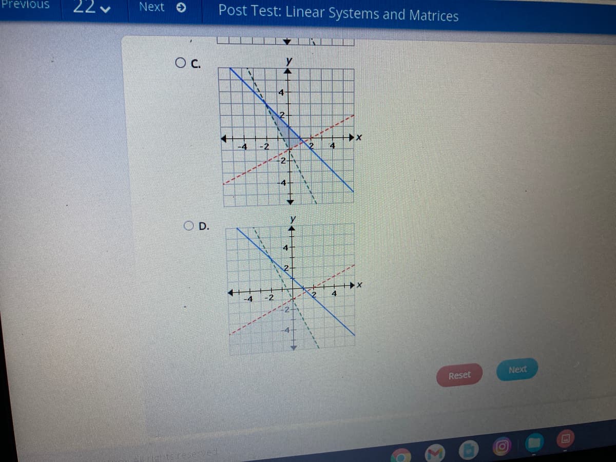 Previous
22 v
Next O
Post Test: Linear Systems and Matrices
Oc.
y
4-
-4
-2
4
-4+
D.
4-
-4
-2
4.
-4
Next
Reset
