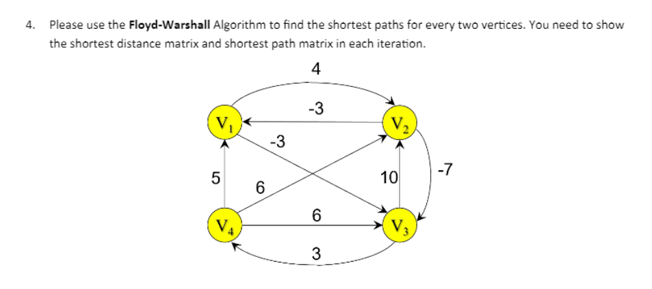 4. Please use the Floyd-Warshall Algorithm to find the shortest paths for every two vertices. You need to show
the shortest distance matrix and shortest path matrix in each iteration.
4
5
V₁
6
-3
-3
6
3
10
-7