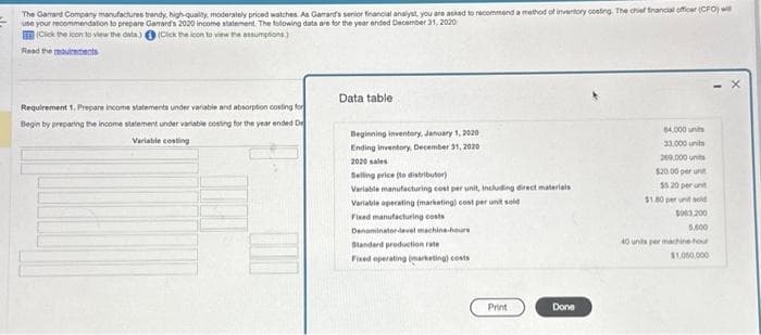 The Garrard Company manufactures trendy, high-quality, moderately priced watches. As Garrard's senior financial analyst, you are asked to recommend a method of inventory costing. The chief francial officer (CFO) w
use your recommendation to prepare Garrard's 2020 income statement. The following data are for the year ended December 31, 2020
(Click the icon to view the data.) (Click the icon to view the assumptions)
Read the mouirements
Requirement 1. Prepare income statements under variable and absorption costing for
Begin by preparing the income statement under variable costing for the year ended De
Variable costing
Data table
Beginning inventory, January 1, 2020
Ending Inventory, December 31, 2020
2020 sales
Selling price (to distributor)
Variable manufacturing cost per unit, including direct materials
Variable operating (marketing) cost per unit sold
Fixed manufacturing costs
Denominator-level machine-hours
Standard production rate
Fixed operating (marketing) costs
Print
Done
84.000 units
33,000 units
269.000 unt
$20.00 per unit
$5.20 per unit
$1.80 per unit sold
5000,200
5,000
40 units per machine hour
$1,050,000
X