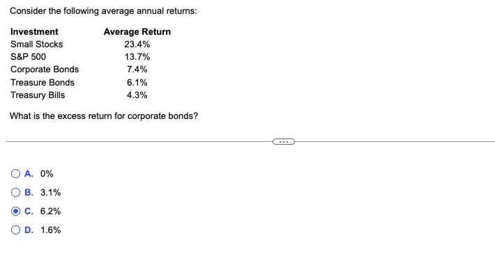 Consider the following average annual returns:
Investment
Average Return
23.4%
Small Stocks
S&P 500
13.7%
7.4%
Corporate Bonds
Treasure Bonds
Treasury Bills
What is the excess return for corporate bonds?
O A. 0%
B. 3.1%
C. 6.2%
O D. 1.6%
6.1%
4.3%