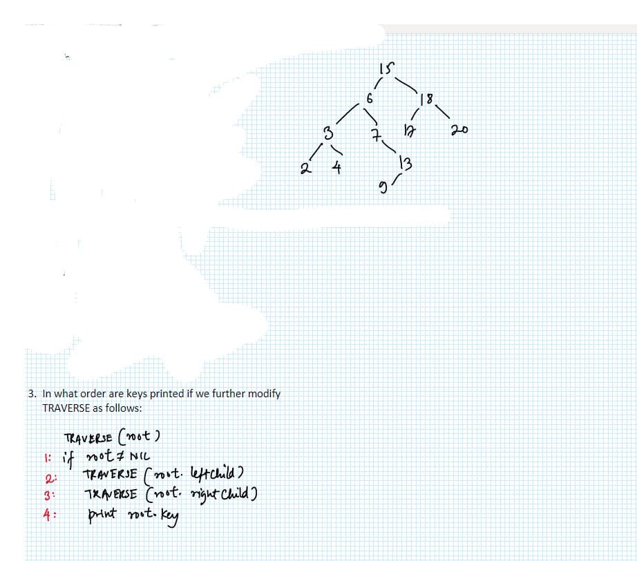 3. In what order are keys printed if we further modify
TRAVERSE as follows:
TRAVERSE (root)
1: if root # NIL
તે સ્
3:
TRAVERSE (root left Child)
TRAVERSE Croot. right Child)
print root. Key
2
3
4
کا
/
6
7.
12
13
gr
18
20