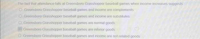 The fact that attendance falls at Greensboro Grasshopper baseball games when income increases suggests
O Greensboro Grasshopper baseball games and income are complements
Greensboro Grasshopper baseball games and income are substitutes
Ⓒ Greensboro Grasshopper baseball games are normal goods
Greensboro Grasshopper baseball games are inferior goods
O Greensboro Grasshopper baseball games and income are not related goods