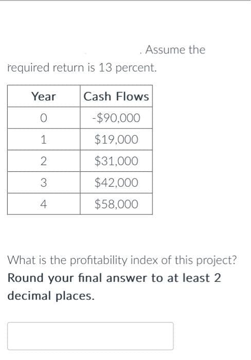 . Assume the
required return is 13 percent.
Year Cash Flows
O
1
2
3
4
-$90,000
$19,000
$31,000
$42,000
$58,000
What is the profitability index of this project?
Round your final answer to at least 2
decimal places.