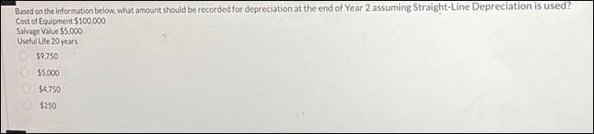 Based on the information below, what amount should be recorded for depreciation at the end of Year 2 assuming Straight-Line Depreciation is used?
Cost of Equipment $100,000
Salvage Value $5,000
Useful Life 20 years
$9,750
$5,000
$4,750
$250