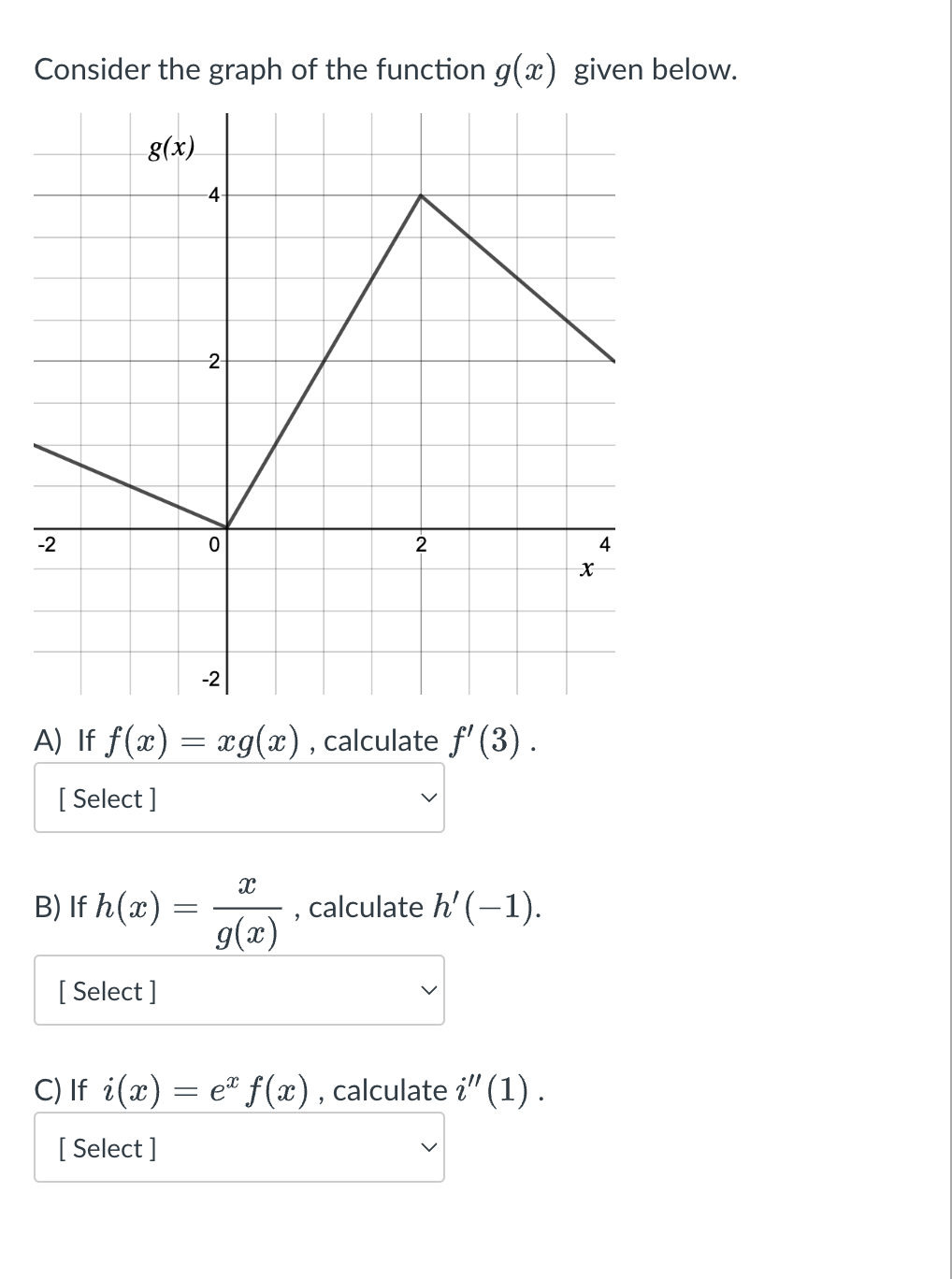 Consider the graph of the function g(x) given below.
g(x)
-2
B) If h(x)
[Select]
C) If i(x)
[Select]
=
-4-
A) If f(x) = xg(x), calculate f' (3).
[ Select]
-
2-
0
-2
X
g(x)
2
9
calculate h' (-1).
e f(x), calculate i” (1).
X
4