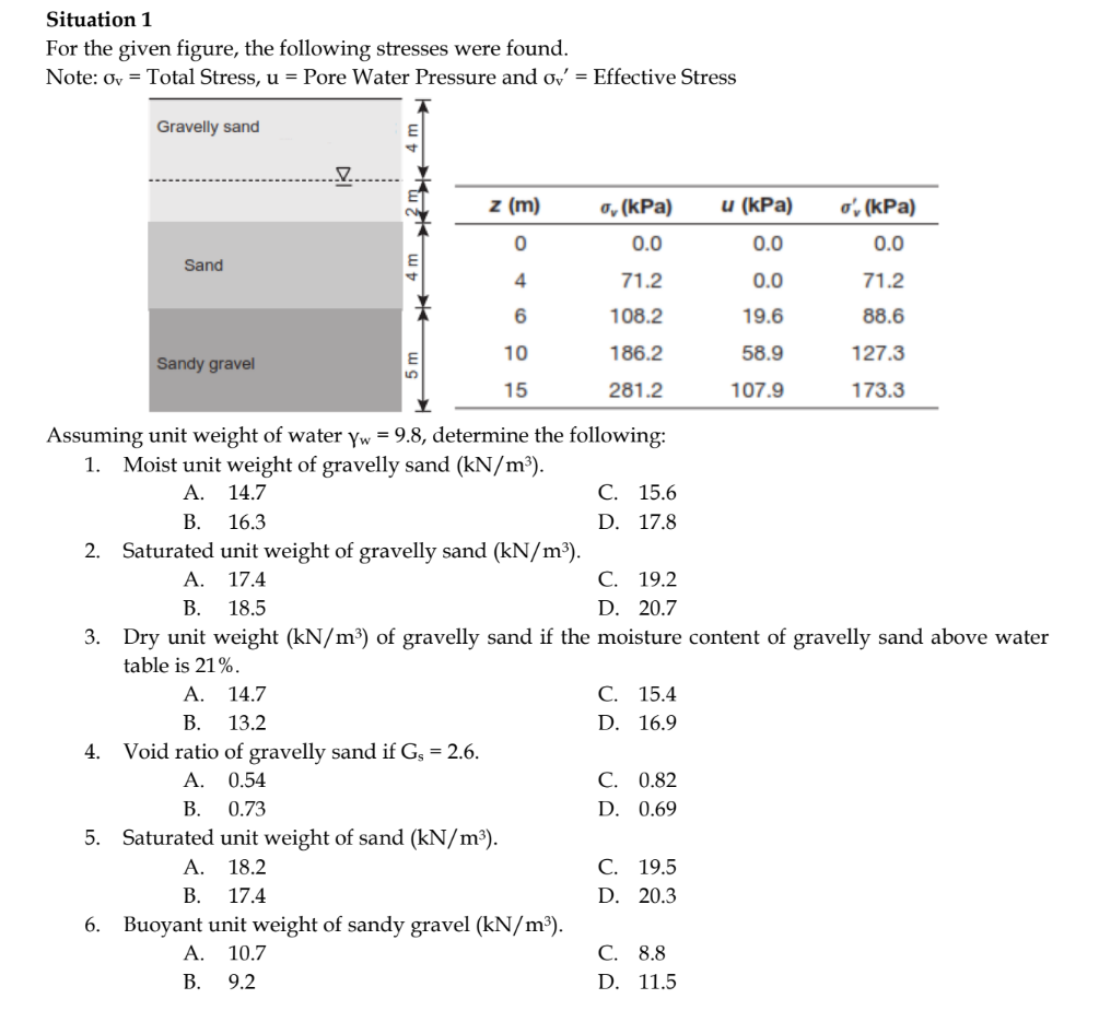 Situation 1
For the given figure, the following stresses were found.
Note: ov = Total Stress, u = Pore Water Pressure and ov' = Effective Stress
Gravelly sand
4.
Sand
Sandy gravel
7.
5
z (m)
0
4
6
10
15
A. 14.7
B. 13.2
Void ratio of gravelly sand if G, = 2.6.
A. 0.54
B.
0.73
5. Saturated unit weight of sand (kN/m³).
A. 18.2
B. 17.4
σ, (kPa)
0.0
Assuming unit weight of water Yw = 9.8, determine the following:
1. Moist unit weight of gravelly sand (kN/m³).
A.
14.7
B.
16.3
2. Saturated unit weight of gravelly sand (kN/m³).
A. 17.4
B.
18.5
3. Dry unit weight (kN/m³) of gravelly sand if the moisture content of gravelly sand above water
table is 21%.
6. Buoyant unit weight of sandy gravel (kN/m³).
A. 10.7
B. 9.2
71.2
108.2
186.2
281.2
C. 15.6
D. 17.8
C. 19.2
D. 20.7
C. 15.4
D. 16.9
C. 0.82
D. 0.69
C. 19.5
D. 20.3
u (kPa)
0.0
0.0
19.6
58.9
107.9
C. 8.8
D. 11.5
o', (kPa)
0.0
71.2
88.6
127.3
173.3