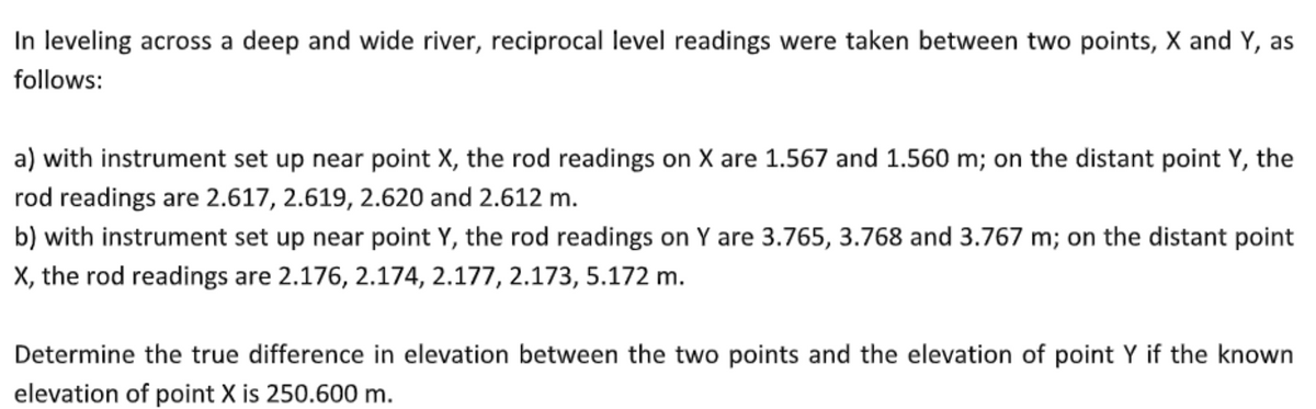 In leveling across a deep and wide river, reciprocal level readings were taken between two points, X and Y, as
follows:
a) with instrument set up near point X, the rod readings on X are 1.567 and 1.560 m; on the distant point Y, the
rod readings are 2.617, 2.619, 2.620 and 2.612 m.
b) with instrument set up near point Y, the rod readings on Y are 3.765, 3.768 and 3.767 m; on the distant point
X, the rod readings are 2.176, 2.174, 2.177, 2.173, 5.172 m.
Determine the true difference in elevation between the two points and the elevation of point Y if the known
elevation of point X is 250.600 m.