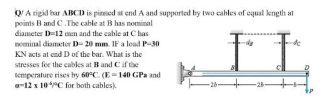 QI A rigid bar ABCD is pinned at end A and supported by two cables of equal length at
points B and C.The cable at B has nominal
diameter D=12 mm and the cable at C has
nominal diameter D= 20 mm. IF a load P=30
dc
KN acts at end D of the bar. What is the
stresses for the cables at B and C if the
temperature rises by 60°C. (E = 140 GPa and
a=12 x 10°C for both cables).
-26-
26-
