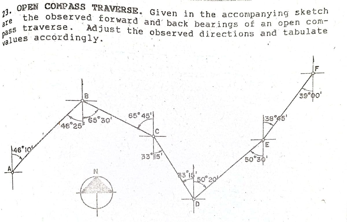 23. OPEN COMPASS TRAVERSE. Given in the accompanying sketch
values accordingly.
the observed forward and' back bearings of an ope
are
traverse.
Adjust the observed directions and tabulate
39°0'
56°30'
65° 45'
46 25
38°45'
146°10
335
50°30'
50°
