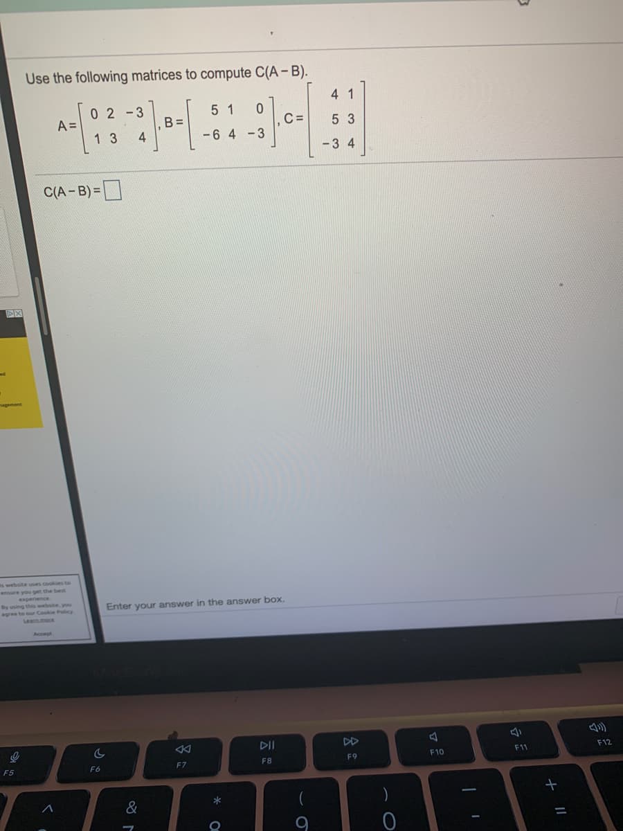 Use the following matrices to compute C(A – B).
4 1
0 2-3
A =
5 1
B =
C =
5 3
1 3
-6 4 -3
-3 4
C(A-B)=|
nagement
s website uses cookies to
By using this website, you
Enter your answer in the answer box.
DD
11
F12
F8
F9
F10
F5
F6
F7
*
&
