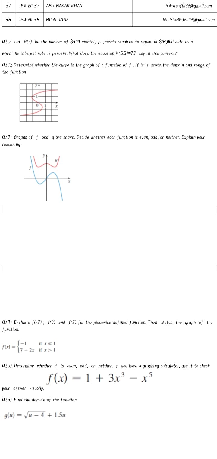 37
IEM-20-37
ABU BAKAR KHAN
bakarsafill22@gmail.com
BE
IEM-20-38
BILAL RIAZ
bilalriaz0512002@gmail.com
Q(1): Let N(r) be the number of $300 monthly payments required to repay an $I8,000 auto loan
when the interest rate is percent. What does the equation N(6.5))=73 say in this context?
Q(2): Determine whether the curve is the graph of a function of f .If it is, state the domain and range of
the function
Q(3): Graphs of f and g are shown. Decide whether each function is even, odd, or neither. Explain your
reasoning
Q(4); Evaluate fl-3), f(0) and f(2) for the piecewise defined function. Then sketch the graph of the
function.
[-1
f(x) =
|7 – 2x if x> 1
if xs1
Q(5): Determine whether f is even, odd, or neither. If you have a graphing calculator, use it to check
f (x) = 1 + 3x³ .
your
visually.
Q(6); Find the domain of the function.
g(u)
u – 4 + 1.5u
