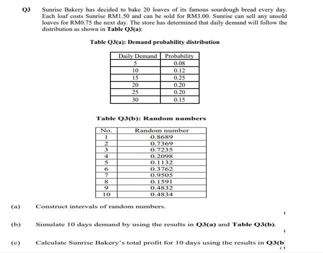 (a)
(b)
(c)
Q3
Sunrise Bakery has decided to bake 20 loaves of its famous sourdough bread every day.
Each loaf costs Sunrise RM1.50 and can be sold for RM3.00. Sunrise can sell any unsold
loaves for RM0.75 the next day. The store has determined that daily demand will follow the
distribution as shown in Table Q3(a):
Table Q3(a): Demand probability distribution
2
3
Daily Demand
5
10
15
20
25
30
4
5
6
7
8
9
10
Probability
0.08
Table Q3(b): Random numbers
No.
1
0.8689
0.7369
0.7235
Random number
0.2098
0.1132
0.3762
0.9505
0.12
0.25
0.1591
0.4832
0.4834
0.20
0.20
0.15
Construct intervals of random numbers.
Simulate 10 days demand by using the results in Q3(a) and Table Q3(b).
Calculate Sunrise Bakery's total profit for 10 days using the results in Q3(b