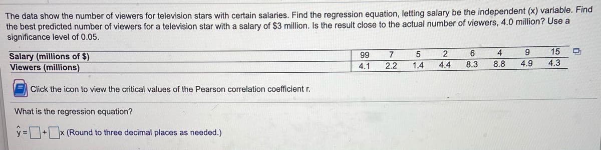 The data show the number of viewers for television stars with certain salaries. Find the regression equation, letting salary be the independent (x) variable. Find
the best predicted number of viewers for a television star with a salary of $3 million, Is the result close to the actual number of viewers, 4.0 million? Use a
significance level of 0.05.
4
9.
15
Salary (millions of $)
Viewers (millions)
99
4.1
2.2
1.4
4.4
8.3
8.8
4.9
4.3
Click the icon to view the critical values of the Pearson correlation coefficient r.
What is the regression equation?
y =+x (Round to three decimal places as needed.)
