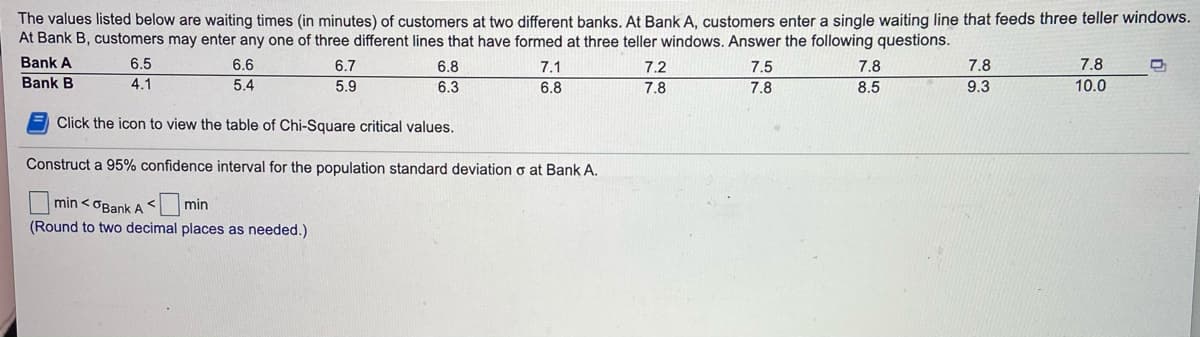 The values listed below are waiting times (in minutes) of customers at two different banks. At Bank A, customers enter a single waiting line that feeds three teller windows.
At Bank B, customers may enter any one of three different lines that have formed at three teller windows. Answer the following questions.
Bank A
6.5
6.6
6.7
6.8
7.1
7.2
7.5
7.8
7.8
7.8
Bank B
4.1
5.4
5.9
6.3
6.8
7.8
7.8
8.5
9.3
10.0
Click the icon to view the table of Chi-Square critical values.
Construct a 95% confidence interval for the population standard deviation o at Bank A.
min < OBank A
<min
(Round to two decimal places as needed.)
