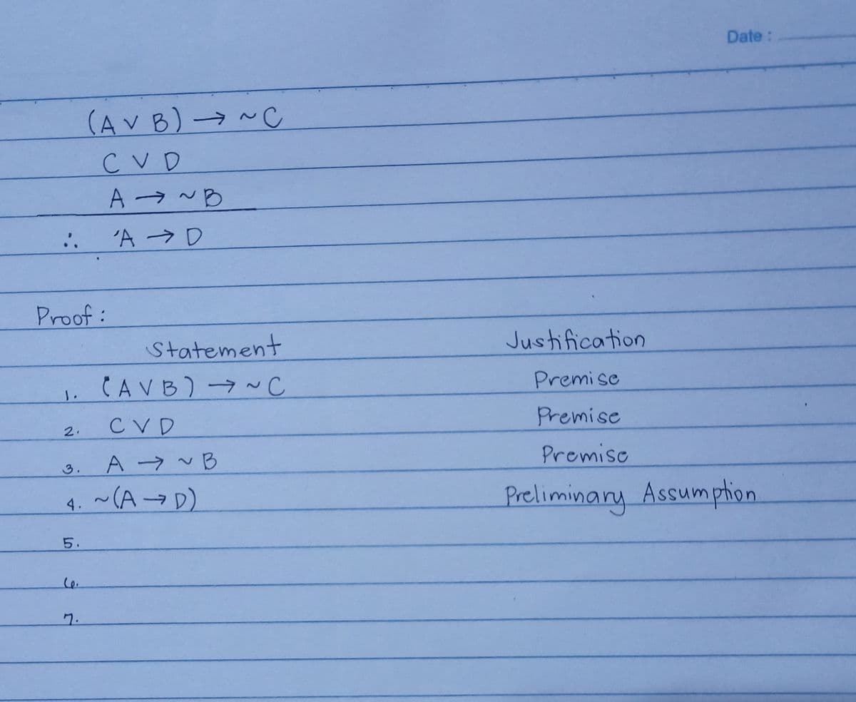 Date:
(AVB)→~C
CVD
. 'A D
Proof:
Justification
Statement
CAVB)~C
Premise
1.
Premise
CVD
2.
Premisc
3.
4. ~(A →D)
Preliminany Assumption
5.
7.
