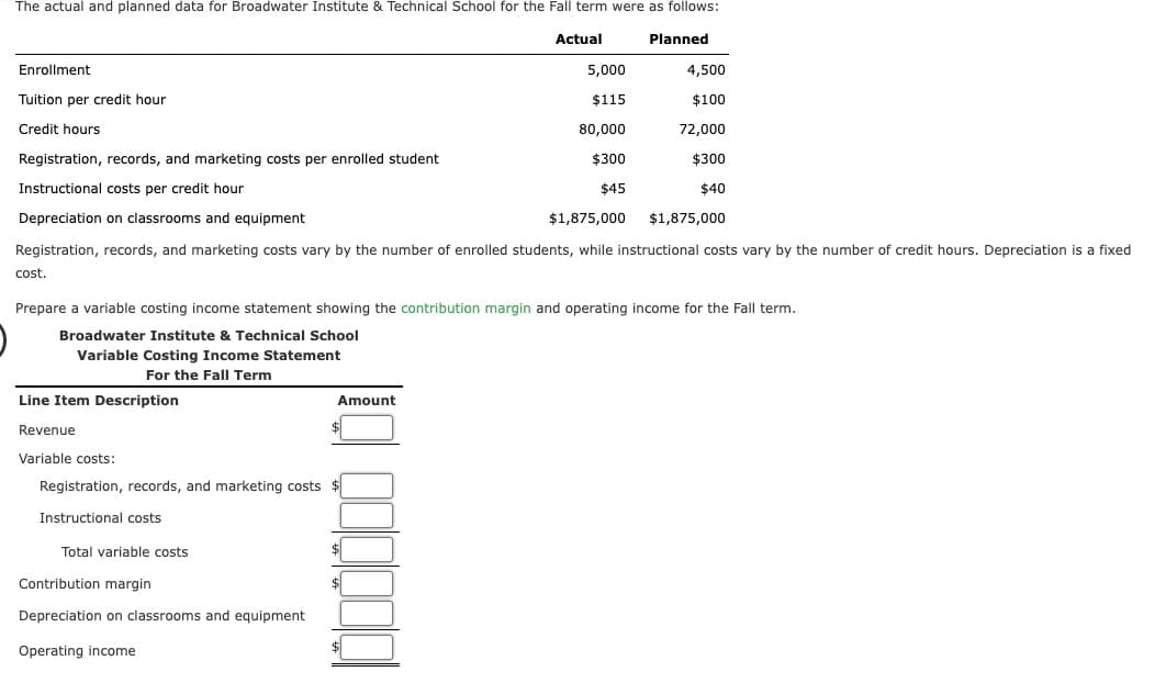 The actual and planned data for Broadwater Institute & Technical School for the Fall term were as follows:
Enrollment
Tuition per credit hour
Credit hours
cost.
Line Item Description
Revenue
Variable costs:
Registration, records, and marketing costs per enrolled student
Instructional costs per credit hour
Depreciation on classrooms and equipment
$1,875,000
Registration, records, and marketing costs vary by the number of enrolled students, while instructional costs vary by the number of credit hours. Depreciation is a fixed
Registration, records, and marketing costs $
Instructional costs
Total variable costs
Amount
Contribution margin
Depreciation on classrooms and equipment
Operating income
Actual
Prepare a variable costing income statement showing the contribution margin and operating income for the Fall term.
Broadwater Institute & Technical School
Variable Costing Income Statement
For the Fall Term
5,000
$115
$
$
80,000
$300
$45
Planned
4,500
$100
72,000
$300
$40
$1,875,000