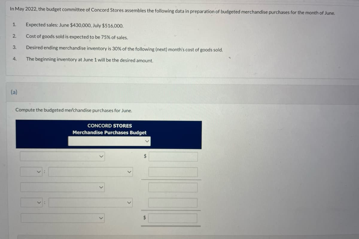 In May 2022, the budget committee of Concord Stores assembles the following data in preparation of budgeted merchandise purchases for the month of June.
1.
2.
3.
4.
(a)
Expected sales: June $430,000, July $516,000.
Cost of goods sold is expected to be 75% of sales.
Desired ending merchandise inventory is 30% of the following (next) month's cost of goods sold.
The beginning inventory at June 1 will be the desired amount.
Compute the budgeted merchandise purchases for June.
CONCORD STORES
Merchandise Purchases Budget
$
$