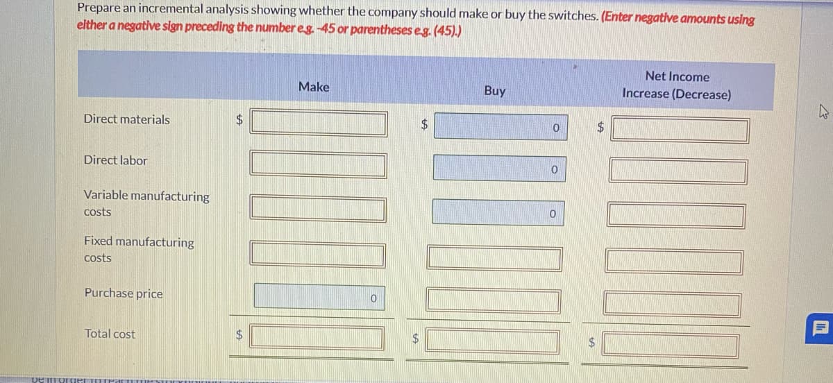 Prepare an incremental analysis showing whether the company should make or buy the switches. (Enter negative amounts using
either a negative sign preceding the number e.g. -45 or parentheses e.g. (45).)
Direct materials
Direct labor
Variable manufacturing
costs
Fixed manufacturing
costs
Purchase price
Total cost
$
Make
CORDO
$
$
Buy
10
0
0
$
Net Income
Increase (Decrease)
HE
I