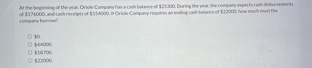 At the beginning of the year, Oriole Company has a cash balance of $25300. During the year, the company expects cash disbursements
of $176000, and cash receipts of $154000. If Oriole Company requires an ending cash balance of $22000, how much must the
company borrow?
O $0.
O $44000.
O $18700.
O $22000.