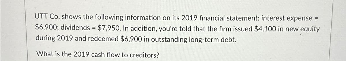 UTT Co. shows the following information on its 2019 financial statement: interest expense
$7,950. In addition, you're told that the firm issued $4,100 in new equity
during 2019 and redeemed $6,900 in outstanding long-term debt.
$6,900; dividends
What is the 2019 cash flow to creditors?
=
=