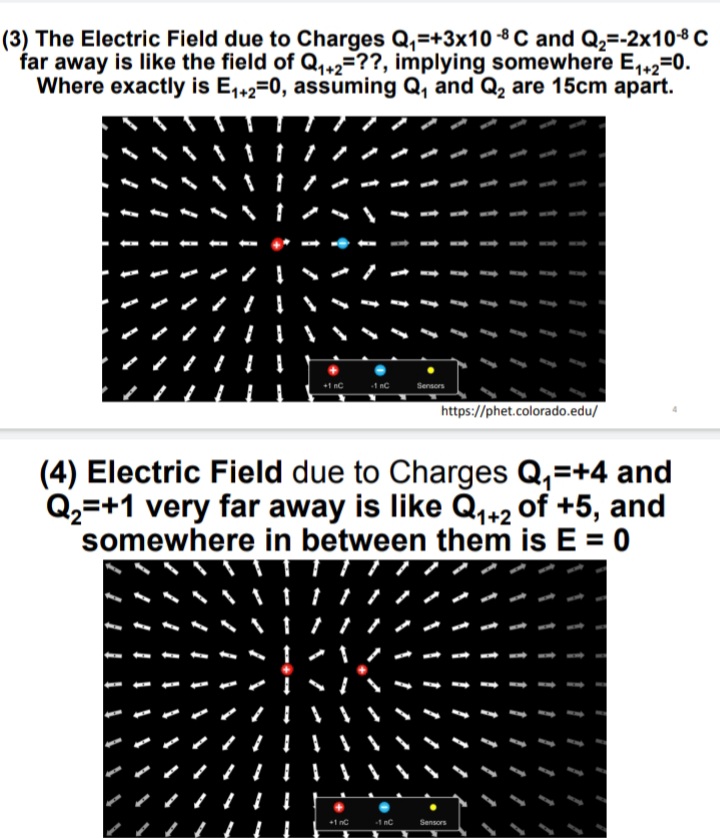 (3) The Electric Field due to Charges Q,=+3x10-8 C and Q2=-2x108 C
far away is like the field of Q,,+2=??, implying somewhere E,2=0.
Where exactly is E,,2=0, assuming Q, and Q2 are 15cm apart.
Sensors
https://phet.colorado.edu/
(4) Electric Field due to Charges Q,=+4 and
Q2=+1 very far away is like Q,42 of +5, and
somewhere in between them is E = 0
+1 nC
Sensors
