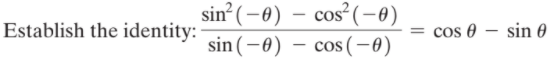 sin (-0)
cos² (-0)
Establish the identity:
cos 0
sin 0
sin (-0)
- cos (-ø)
