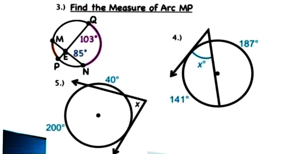 3.) Find the Measure of Arc MP
M
103
4.)
187°
85°
5.)
40°
141°
200°
