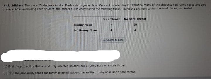 Sick children: There are 25 students in Mrs. Bush's sixth-grade dass. On a cold winter day in February, many of the students had runny noses and sore
throats. After examining each student, the school nurse constructed the following table. Round the answers to four decimal places, as needed.
Sore Throat
No Sore Throat
Runny Nose
10
No Runny Nose
14
14
Send data to Excel
(c) Find the probability that a randomly selected student has a runny nose or a sore throat.
(d) Find the probability that a randomly selected student has neither runny nose nor a sore throat.
