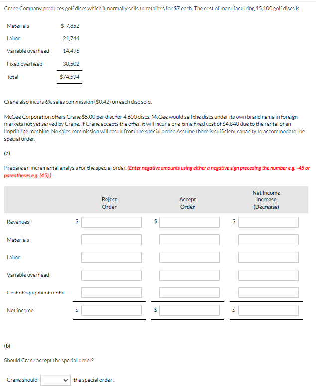 Crane Company produces golf discs which it normally sells to retailers for $7 each. The cost of manufacturing 15,100 golf discs is:
Materials
Labor
Variable overhead
Fixed overhead
Total
Crane also incurs 6% sales commission ($0.42) on each disc sold.
McGee Corporation offers Crane $5.00 per disc for 4,600 discs. McGee would sell the discs under its own brand name in foreign
markets not yet served by Crane. If Crane accepts the offer, it will incur a one-time fixed cost of $4,840 due to the rental of an
imprinting machine. No sales commission will result from the special order. Assume there is sufficient capacity to accommodate the
special order.
(a)
Prepare an incremental analysis for the special order. (Enter negative amounts using either a negative sign preceding the number e.g. -45 or
parentheses e.g. (45).)
Revenues
Materials
Labor
Variable overhead
Cost of equipment rental
Net income
$ 7,852
21,744
14,496
30,502
$74,594
(b)
Crane should
69
$
$
Should Crane accept the special order?
Reject
Order
the special order.
$
$
Accept
Order
$
69
$
Net Income
Increase
(Decrease)