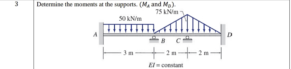 3
Determine the moments at the supports. (Ma and Mp).
75 kN/m
50 kN/m
A
D
B C-
- 2 m
3 m
2 m
El = constant
